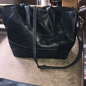 Raw Black Faux Leather Tote/Crossbody with Pouch